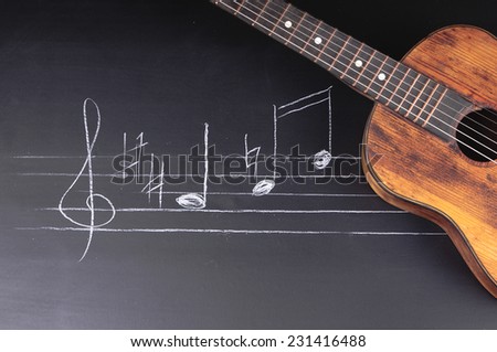 Vintage Guitars on chalkboard with music notes