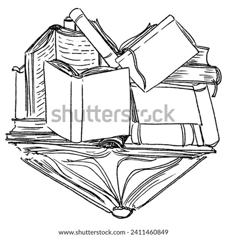 Line black and white illustration of the heart made of books