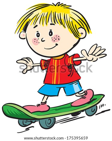 Happy boy driving skateboard on street.