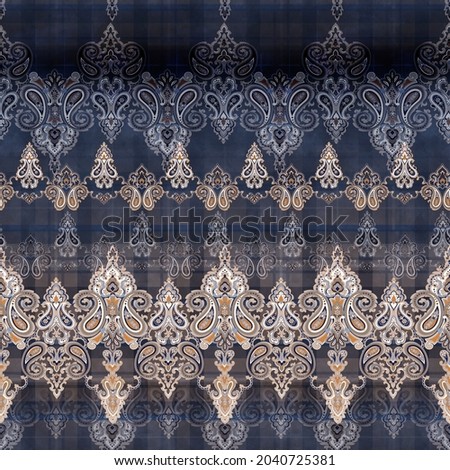 Seamless classic paisley digital pattern with paisley elements, texture and tartan. Seamless paisley border