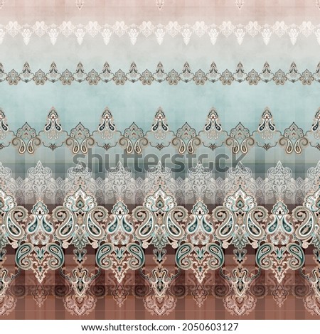 seamless classic modern paisley ornamental border with paisley elements and tartan textured background
