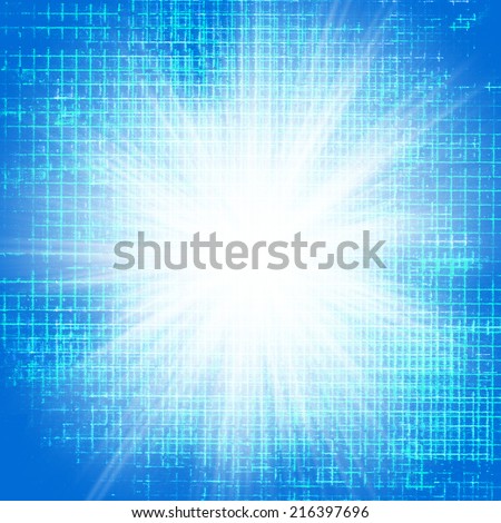 Blue background, blue streaks of light radiate from center to dark blue frame in sunburst pattern
