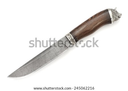 Hunting knife damask steel wild boar head