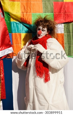 Orel, Russia, August 01, 2015: Mumu Fest, Turgenev\'s story art-festival,  mime, pantomime, clown keep hands in a heart shape