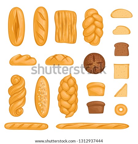 Set of bakery products. Bread, loaf, hala, baguette and rye bread in cartoon style. Vector illustration Stok fotoğraf © 