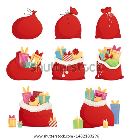 Set full bag of gifts from Santa Claus. Christmas decorative element. Flat vector illustration