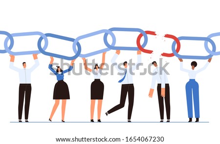 A team of businessmen holds the chain as a symbol of successful teamwork. The man broke the chain link and let his team down. The concept of failures and losers