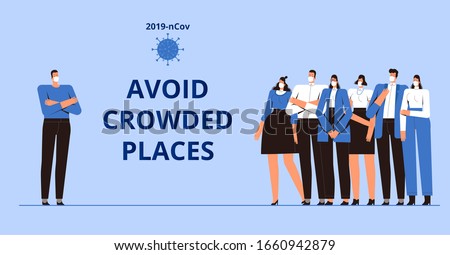 Coronavirus Precautions 2019-nCoV. The call to avoid crowded places. A young man in a medical mask stands apart from a group of people. The concept of the fight against the new virus COVID-2019