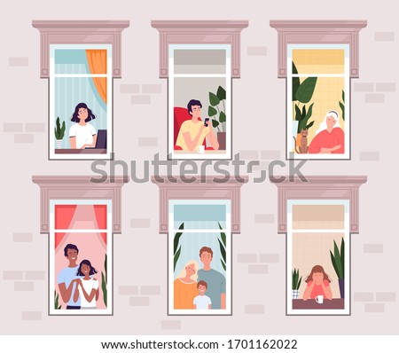People in quarantine and isolation stay at home and look out the windows. Families, couples, young and old people look out of the windows of the house