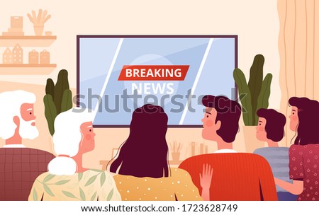 Big family sitting at home in front of the TV and watches the latest news. People spend time at home and want new information. The concept of home viewing news