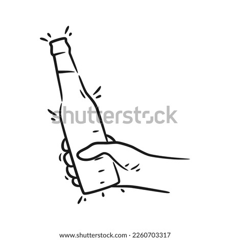 Hand holding beer bottle line art illustration, Hand holding beer hand drawn