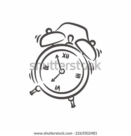 Hand drawn classic ringing alarm clock line art, Retro alarm clock black and white