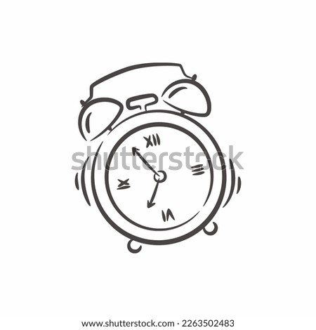 Hand drawn classic ringing alarm clock line art, Retro alarm clock black and white