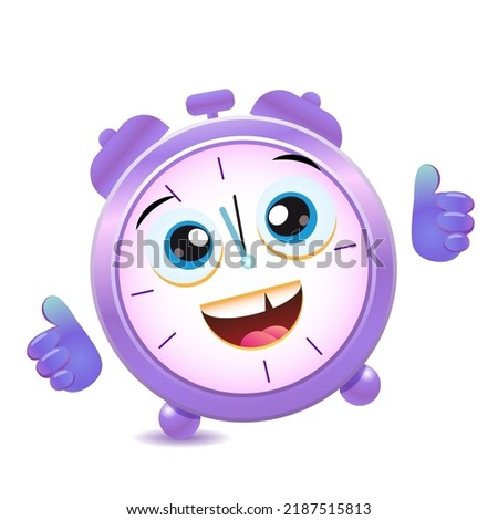 Cute purple Alarm Clock character with eyes and thumbs up hands. Vector cartoon illustration. 