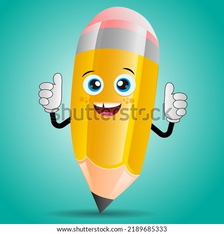 Yellow pencil cartoon character education mascot giving a thumbs up on green background.