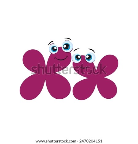 Purple Letter X Cartoon Character With cute eyes. Illustration of funny Cartoon Alphabet font type character for education. Cute children ABC alphabet flash card with letter X for kids learning.