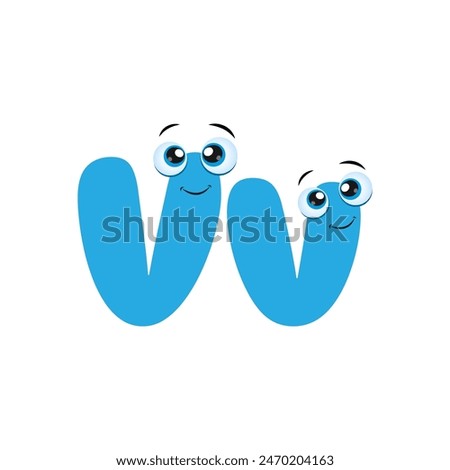 Alphabet Cute Blue letter V with eyes. Cute children ABC alphabet flash card with letter V for kids learning English vocabulary. Illustration of funny Cartoon Alphabet font type character.