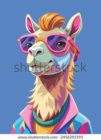 Delight in this vibrant graphic art of a cheerful llama or Camel sporting stylish sunglasses. Adorned with a colorful scarf,