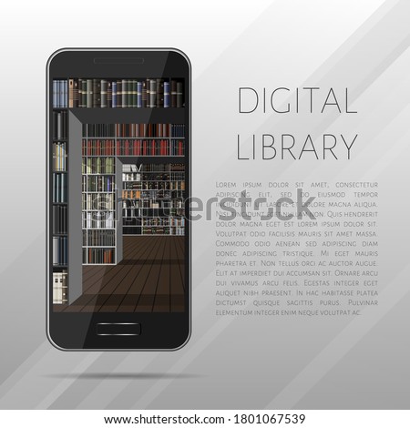 Digital library. Online education concept. Abstract vector illustration of a library inside a mobile phone.