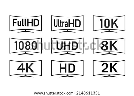 black white 8K, 4K, 2k Ultra HD Video Resolution Icon Logo; High Definition TV  Game Screen monitor display Label