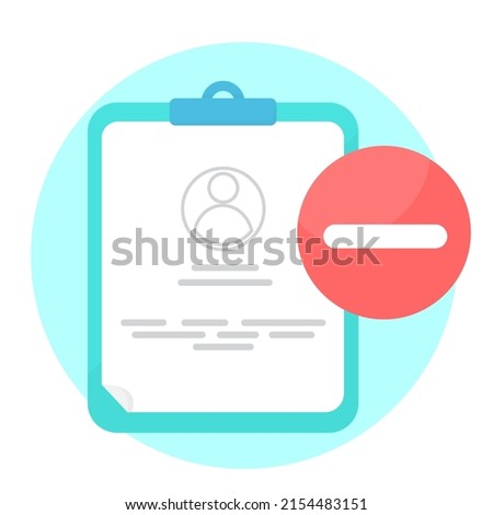 Blue tablet with personal file, card, patient file. customer, user and sign of minus on red сircle. concept illustration. flat design vector eps 10, simple and modern graphic element for app or web ui