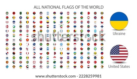 All national flags of the world with names - round shape with shadow flag isolated on white background