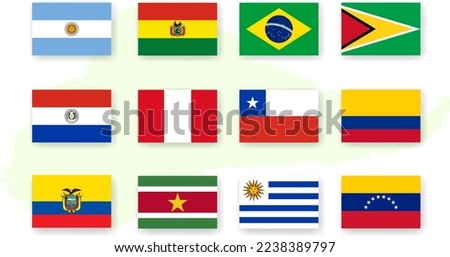 Set of flags of South American countries in proportion 2:3 with shadow