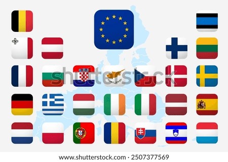 All Europe Flags rounded square shape with shadow. buttons isolated on white