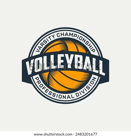 Volleyball club badge design. Vector illustration. For college league sport club emblem, sign, logo. Vintage label, sticker, patch with volleyball ball silhouette.