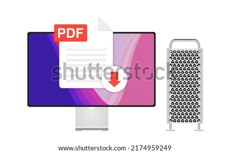 Download document icon file with label on desktop screen. Downloading, view and read an PDF concept on screen and mobile devices. Design for website, download element.
