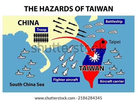 Submarine, aircraft, battleships and troops from China to Taiwan and from Taiwan to China. Concept risks to Taiwan of War with China. Missile crisis. The hazard of Taiwan. Vector illustration.