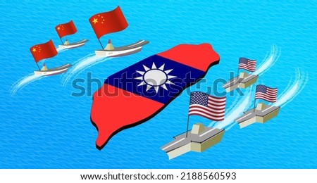 Concept risks to Taiwan of War with China. United States defend Taiwan. Military emergencies, US-China conflict. The hazard of Taiwan. Vector illustration.