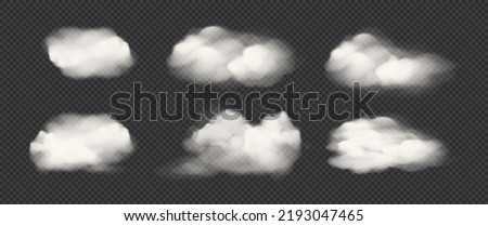 Realistic isolated cloud on transparent background. Vector set of realistic isolated fluffy cloud. Illustration of different types of cirrus and cumulus clouds. Vector.
