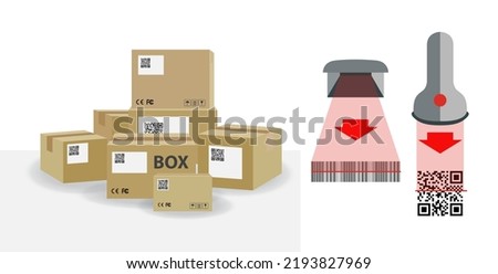 Pile of stacked sealed goods cardboard boxes.  Carton delivery packaging box. Set of cardboard box mockups. Barcode and QR code scanner scanning code for delivery. Vector.