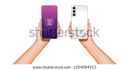 Man or woman realistic hand holding a smart mobile phone. Realistic smartphone with white colours. Advertisement template design concept with smartphone isolated on black background. Vector.