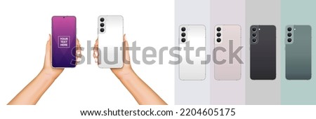 Man or woman realistic hand holding a smart mobile phone. Realistic smartphone with white colours. Advertisement template design concept with smartphone isolated on black background. Vector.