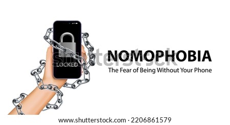 Nomophobia and Internet addiction. Iron chain ties together hand and smartphone. User's hand chained to a smartphone in concept of social media and internet nomophobia and digital detox. Vector.