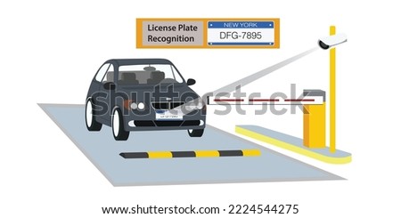 Automated License Plate Recognition Parking Lot. A car arrives at the entrance and exit terminal. Smart LPR Camera Parking System Solutions. Car at parking entrance with a boom barrier. Vector.