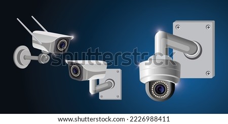 Security camera set. Dome camera and bullet camera. Wall and ceiling mount CCTV surveillance system. Vector 3d illustration.