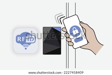 Present smartphone over card reader, Mobile Credential and RFID Mobile Access Control Solution. Close-up of human hands opening door with mobile app on smartphone. Vector.
