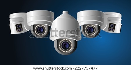 Network Speed Dome camera and Fixed Turret Network Camera. IP Camera and CCTV surveillance system. Low Light Camera. Vector 3d illustration.