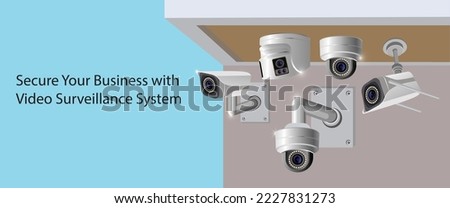 Network speed dome camera and fixed turret network camera. Ceiling mounts security IP cameras and surveillance system. Low light camera. Vector 3d illustration.