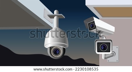 CCTV, Network speed dome camera. Ceiling mounts security IP cameras and surveillance system. Low light camera. Vector 3d illustration.