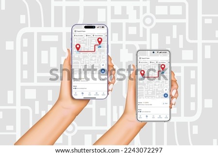 Hand holding smart phone with GPS navigation, Smartphone map application and red pinpoint on screen, App search map navigation, navigation idea for GPS application. Vector.