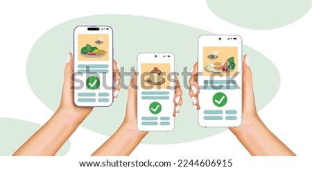 Flat human hands hold smartphone with mobile app for ordering fast food at home or take away. Online service for ordering Asian and western meals. Salad, pasta, soup, and pudding. Vector.