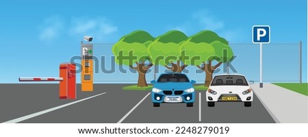 Town parking places and Automated License Plate Recognition Parking Lot. Flat illustration of town parking places banner horizontal vector concept for web. Vector.