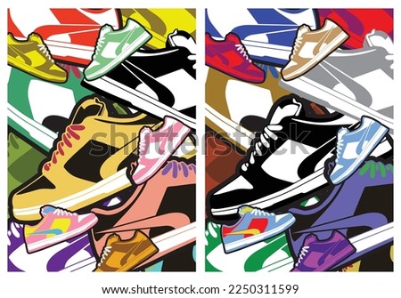 Sneaker shoe and pattern design concept. Flat design. Vector illustration. Sneakers in flat style. Footwears side view. Fashion sneakers. Vector.