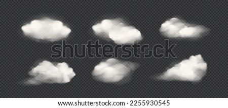 Realistic isolated cloud on transparent background. Vector set of realistic isolated fluffy cloud. Illustration of different types of cirrus and cumulus clouds. Vector.