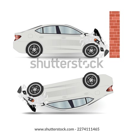 Range of scenarios related to road traffic accidents, including total loss of the vehicle, transportation of damaged vehicles, car crashes into walls, and cars overturning. Vector.