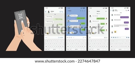 Hand holds the smartphone with messenger application. Messenger UI collection. Flat vector modern phone mock-up illustration.
